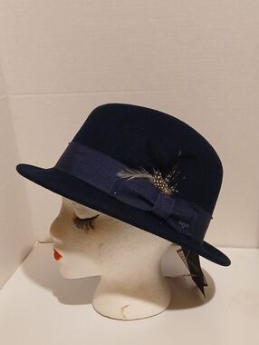 Bailey Navy Wool Felt Fedora with Feather Trim